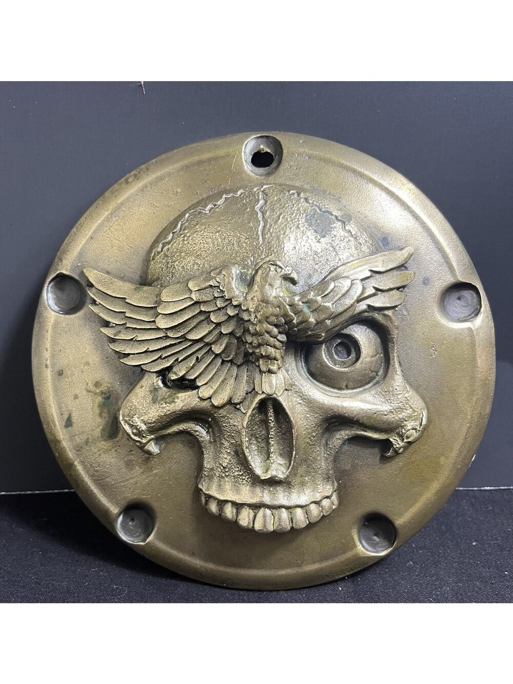 Vintage Heavy Solid Brass Eagle & Skull Wall Hanging Plaque Decor 7" Round